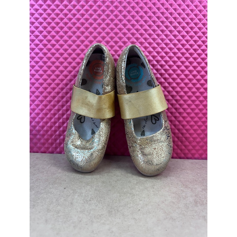 Livie & Luca Girls Metallic Gold Floral Embossed Mary Jane Flats Size 13